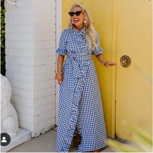 Elizabeth Wilson Designs Anne Claire royal blue white gingham ruffle wrap dress
